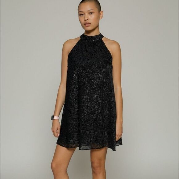Zara Dresses & Skirts - Zara Trafaluc Dobby Black and Gold Dots Halter Keyhole Back Dress